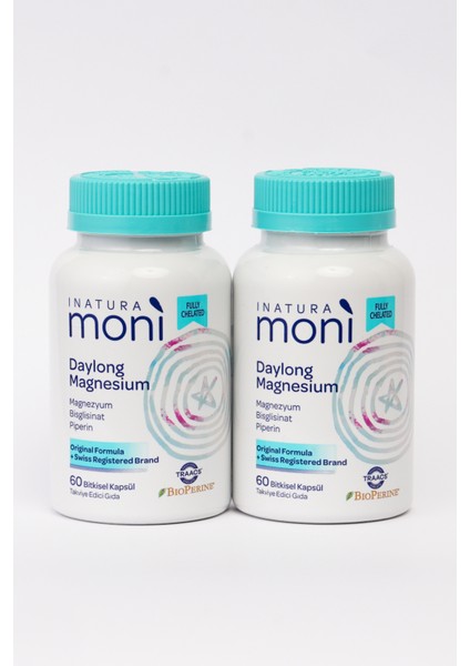 2'li Moni Daylong Magnesium Magnezyum Bisglisinat, Magnezyum Sitrat, B6 Vitamini, Piperin 60 Kapsül