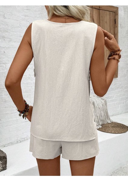 Keten Yazlık Dekolteli Kolsuz Bluz Şort Ikili Takım modelleri