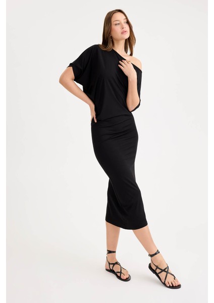 Kayık Yaka Kısa Kol Modal Elbise modelleri