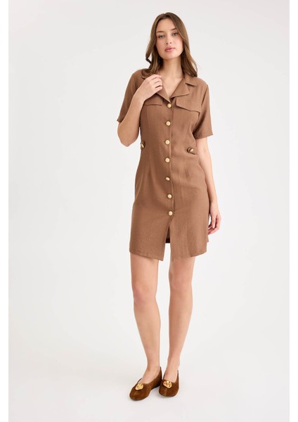 Gold Düğmeli Kapak Cepli Kısa Kol Mini Elbise fiyatları