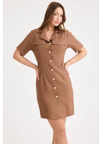 Gold Düğmeli Kapak Cepli Kısa Kol Mini Elbise modelleri