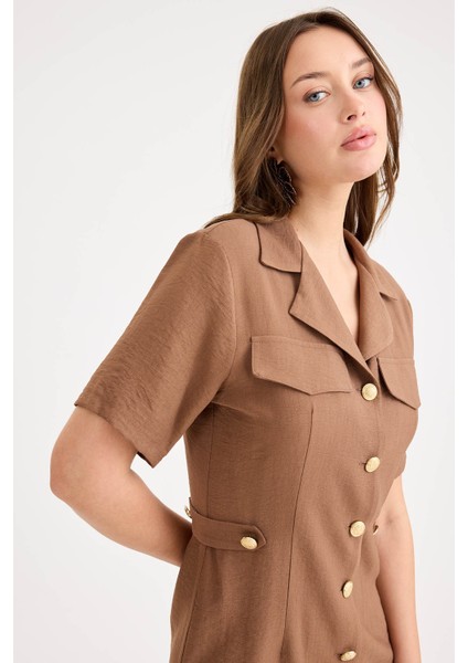 Gold Düğmeli Kapak Cepli Kısa Kol Mini Elbise fırsatları