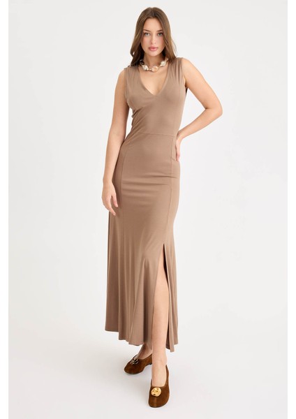 V Yaka Sıfır Kol Modal Uzun Elbise fiyatları