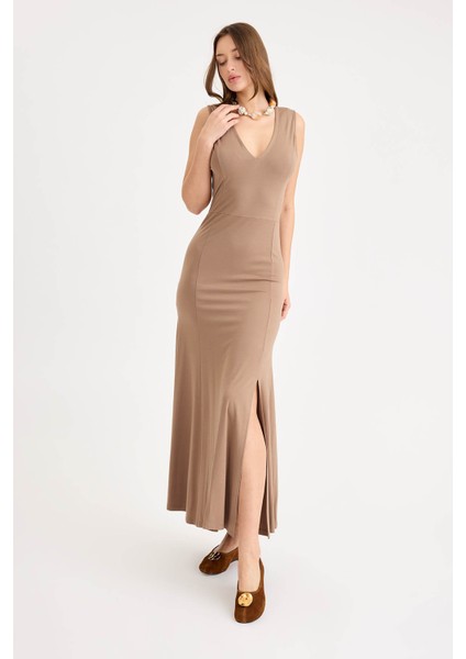 V Yaka Sıfır Kol Modal Uzun Elbise modelleri