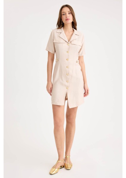 Gold Düğmeli Kapak Cepli Kısa Kol Mini Elbise