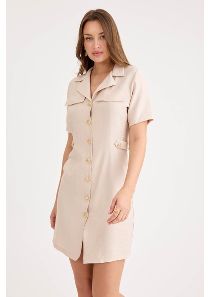 Gold Düğmeli Kapak Cepli Kısa Kol Mini Elbise modelleri