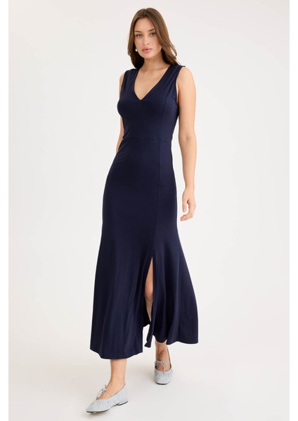 V Yaka Sıfır Kol Modal Uzun Elbise modelleri