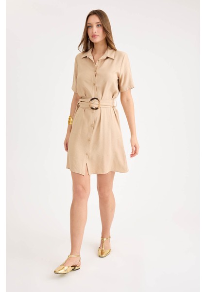 Önü Düğmeli Kısa Kol Kemerli Elbise modelleri