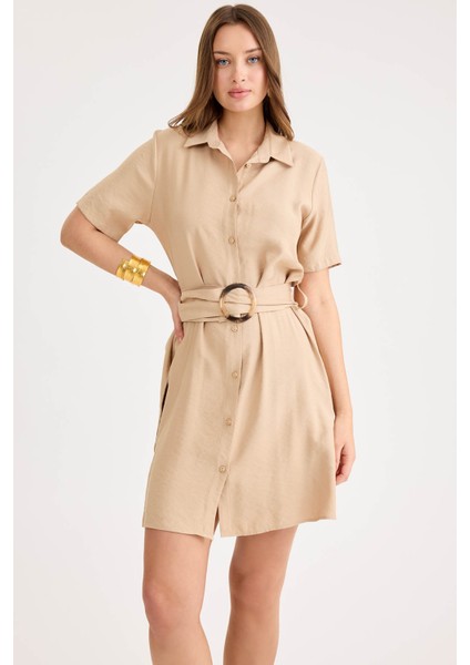 Önü Düğmeli Kısa Kol Kemerli Elbise indirimleri