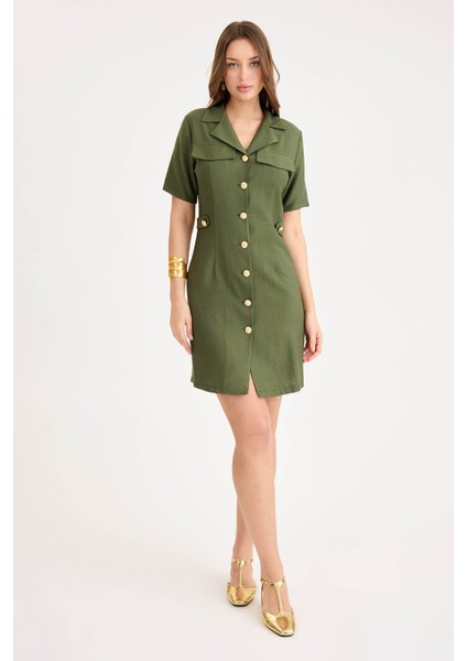 Gold Düğmeli Kapak Cepli Kısa Kol Mini Elbise