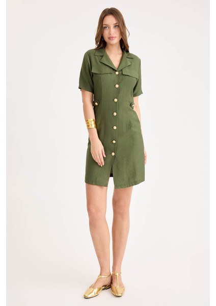 Gold Düğmeli Kapak Cepli Kısa Kol Mini Elbise fiyatları