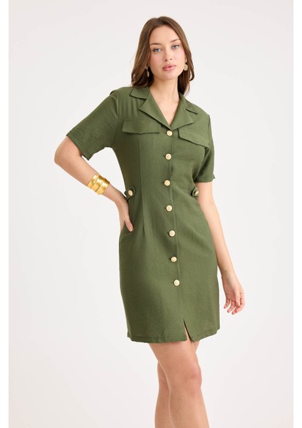 Gold Düğmeli Kapak Cepli Kısa Kol Mini Elbise fırsatları