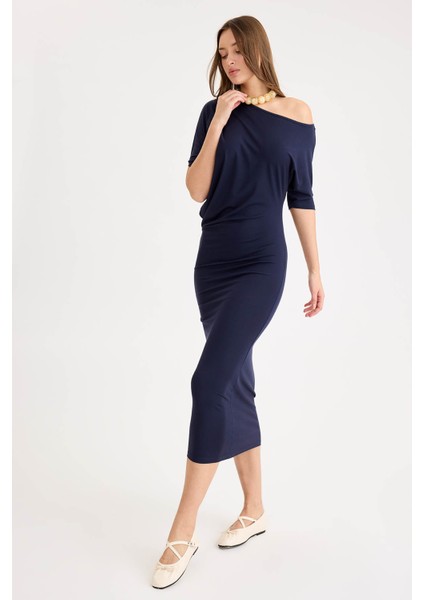 Kayık Yaka Kısa Kol Modal Elbise modelleri