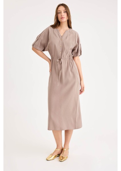 Beli Bağlamalı Cepli Kol Apoletli Uzun Modal Elbise