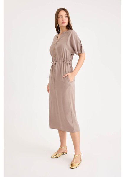 Beli Bağlamalı Cepli Kol Apoletli Uzun Modal Elbise fiyatları