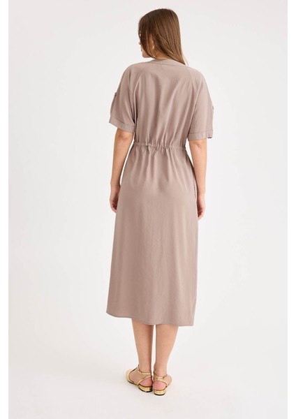 Beli Bağlamalı Cepli Kol Apoletli Uzun Modal Elbise fırsatları