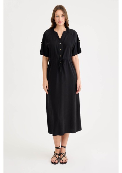 Beli Bağlamalı Cepli Kol Apoletli Uzun Modal Elbise indirimleri