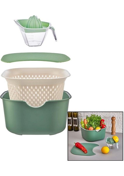 Yeşil 5pcs Mutfak Seti Pls.karıştırma Kap=4lt - Süzgeç=3.5lt - Kesim Pano - SIKACAK=0.25LT (4604)