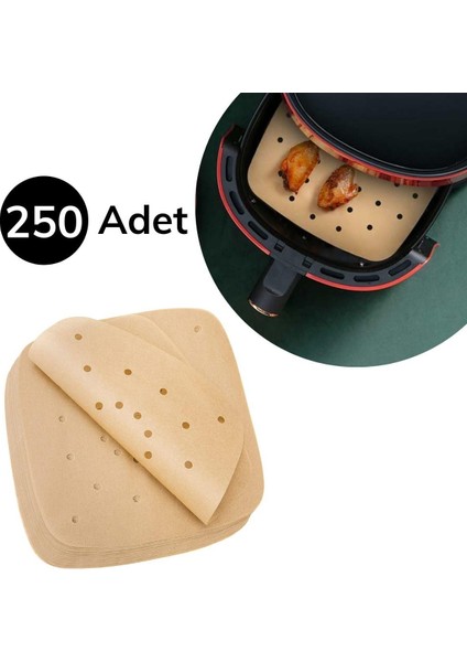 250 Adet Air Fryer Pişirme Kağıdı Tek Kullanımlık Hava Fritöz Yağ Geçirmez Yapışmaz Gıda Pişirme Kağıdı Delikli Kare Model (4604)