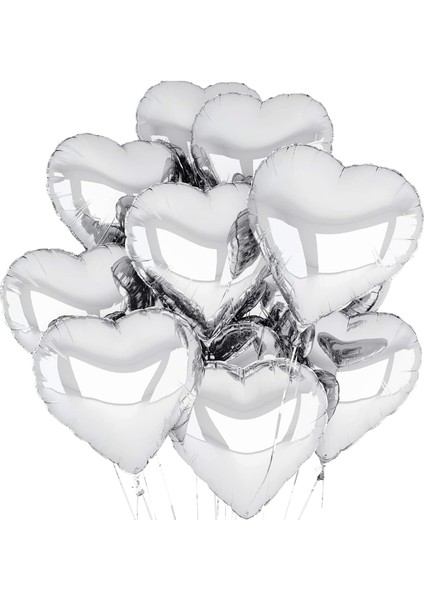 Metalize Parlak Gümüş Kalp Şekilli Uçan Balon Folyo 18 Inç 45 cm 10 Adet (4604)