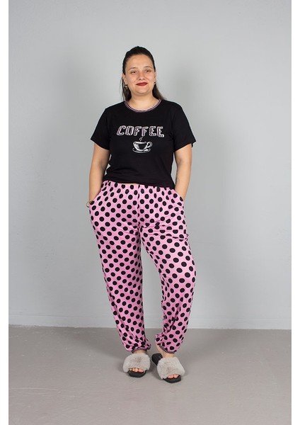 Büyük Beden Alt Puantiyeli Coffee Baskılı Pijama Takım fırsatları