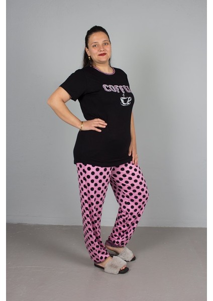 Büyük Beden Alt Puantiyeli Coffee Baskılı Pijama Takım indirimleri