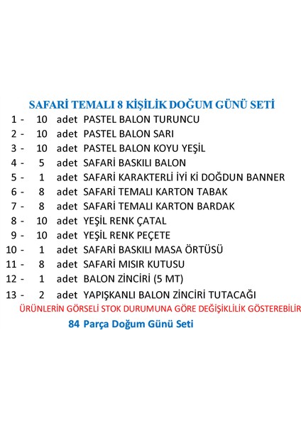 Safari Temalı 8 Kişilik Doğum Günü Seti