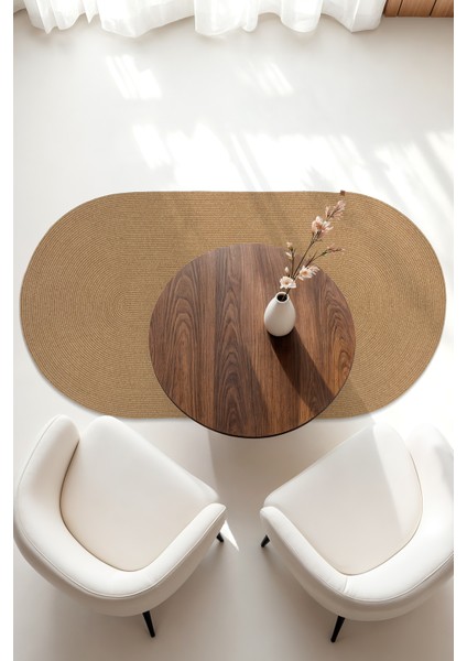 Bej Hasır Jüt Oval Kilim Bohem Oval Halı El Örgüsü Sisal Paspas