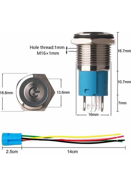 16MM Kırmızı Power Sembol Ledli Kablolu Push Tip Metal Button Panel Montaj Düz Kafa Com No Nc Dc 6A 12V IP67 Su Geçirmez Paslanmaz Çelik Düğme Start Kontrol Otomasyon