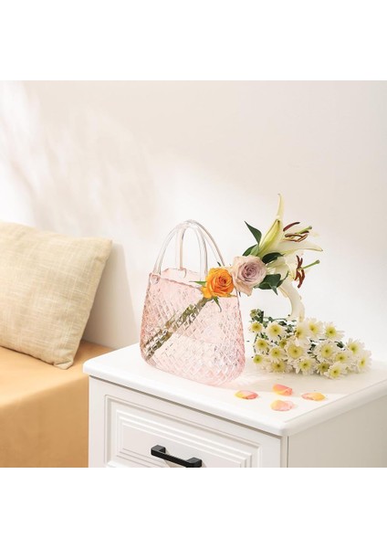 Çanta Vazo Cam Çiçek Vazosu Dekoratif Pembe Vazo Büyük Boy Oval Model 1,5kg Glass Bag Vase