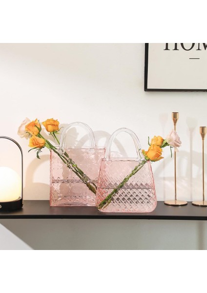 Çanta Vazo Cam Çiçek Vazosu Dekoratif Pembe Vazo Büyük Boy Oval Model 1,5kg Glass Bag Vase