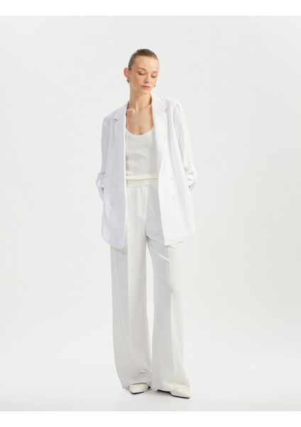 Katlama Detaylı Krep Kumaş 3/4 Kol Kruvaze Uzun Oversize Blazer Ceket