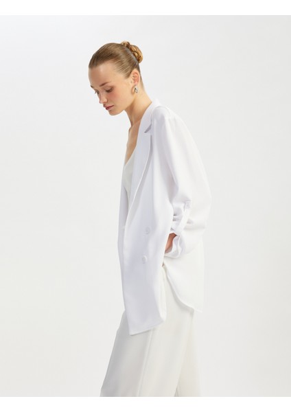 Katlama Detaylı Krep Kumaş 3/4 Kol Kruvaze Uzun Oversize Blazer Ceket