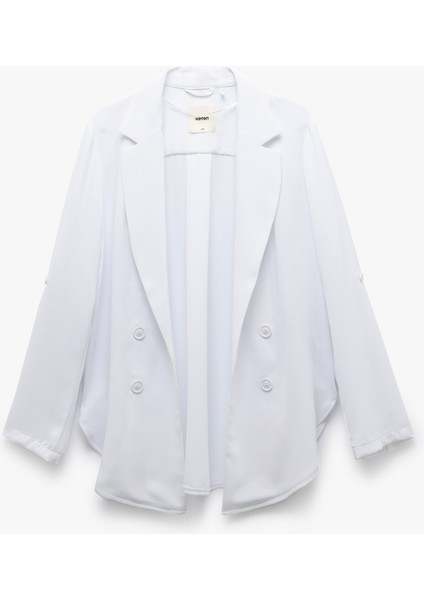 Katlama Detaylı Krep Kumaş 3/4 Kol Kruvaze Uzun Oversize Blazer Ceket