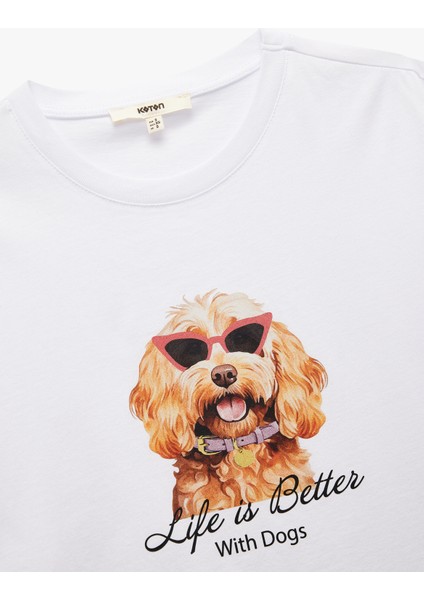 Pamuklu Köpek Baskılı Kısa Kollu Bisiklet Yaka Kadın Tişört