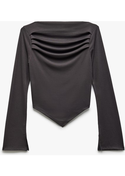 Slim Fit Drape Detaylı Asimetrik Uzun Kollu Tişört