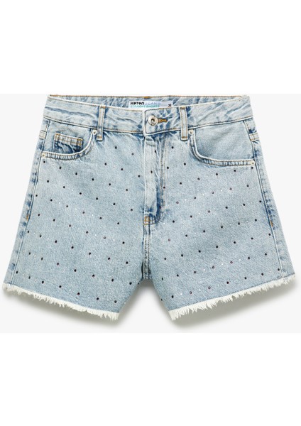 Taş Detaylı Düğmeli Rahat Kalıp Denim Şort fırsatları