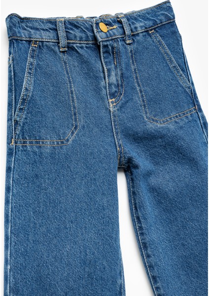 Pamuklu Cep Detaylı Bol Paça Denim Pantolon