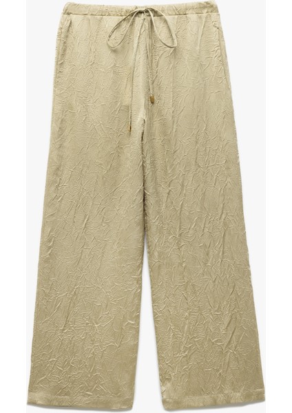 Beli Bağlamalı Yüksek Bel Geniş Paça Dokulu Saten Pantolon modelleri