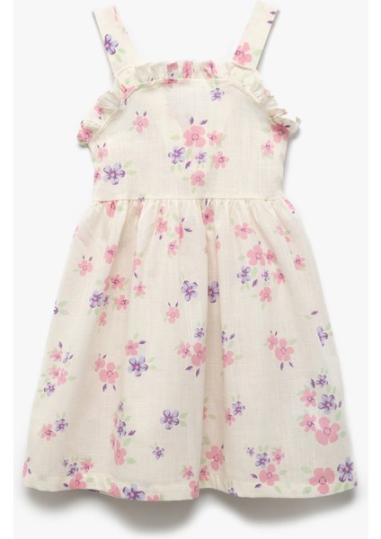 Pamuklu Kare Yaka Fırfır Detaylı Gipeli Askılı Çiçekli Elbise