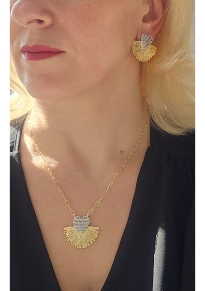 Gold Silver Zirkon Taş Kalp Küpe