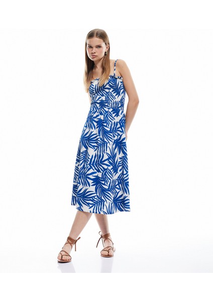 Gipeli Askılı A Kesim Çiçekli Midi Elbise