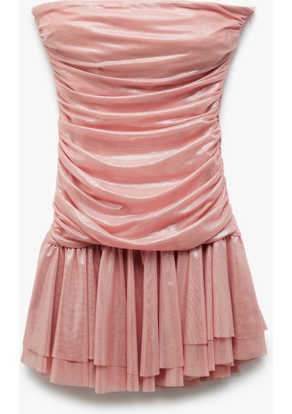 Drape Detaylı Kolsuz Straplez Volanlı Mini Abiye Elbise