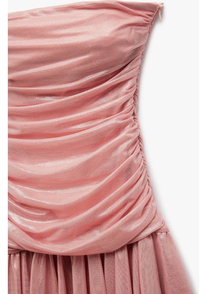 Drape Detaylı Kolsuz Straplez Volanlı Mini Abiye Elbise modelleri