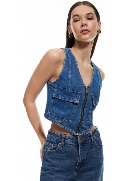 Fermuarlı Cepli V Yaka Pamuklu Kolsuz Denim Yelek