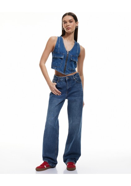 Fermuarlı Cepli V Yaka Pamuklu Kolsuz Denim Yelek