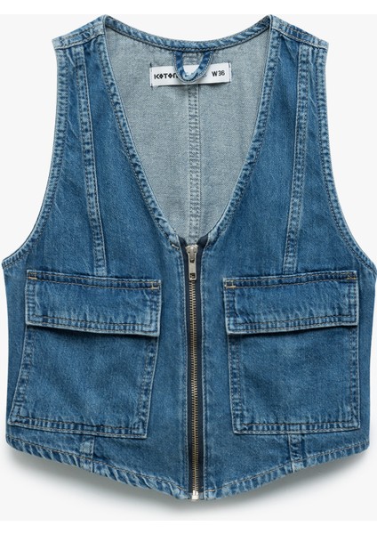 Fermuarlı Cepli V Yaka Pamuklu Kolsuz Denim Yelek