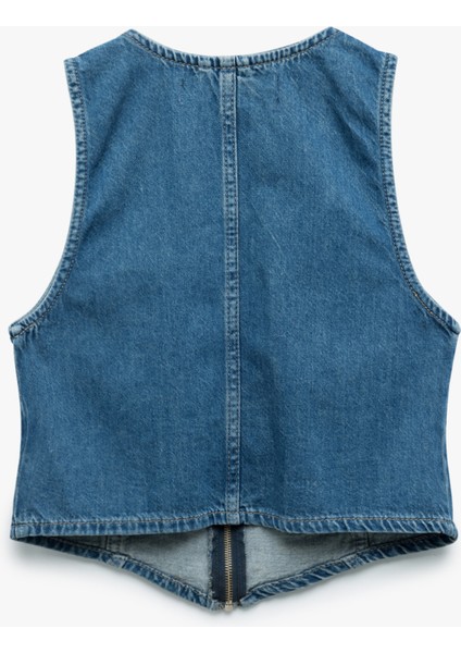Fermuarlı Cepli V Yaka Pamuklu Kolsuz Denim Yelek