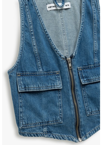 Fermuarlı Cepli V Yaka Pamuklu Kolsuz Denim Yelek