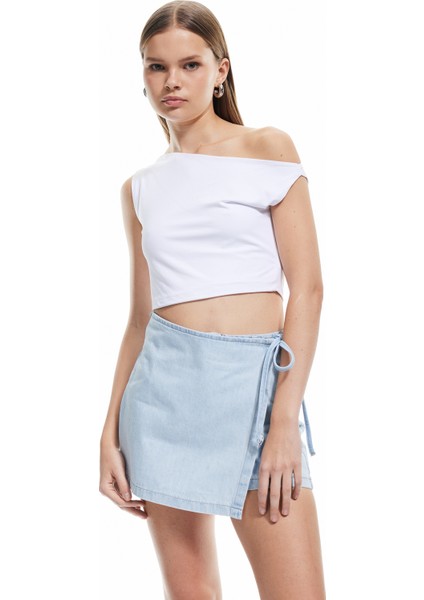 Pamuklu Bağlama Detaylı Mini Denim Şort Etek